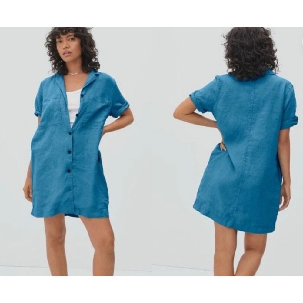 Everlane The Linen Workwear Dress Blue Button Front Women's XS